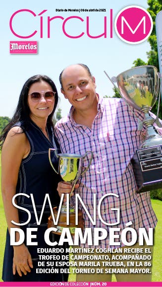 Círculo M 20. SWING DE CAMPEÓN Eduardo Martínez Coghlan recibe el trofeo de campeonato, acompañado de su esposa Marila Trueba, en la 86 edición del torneo de semana mayor.