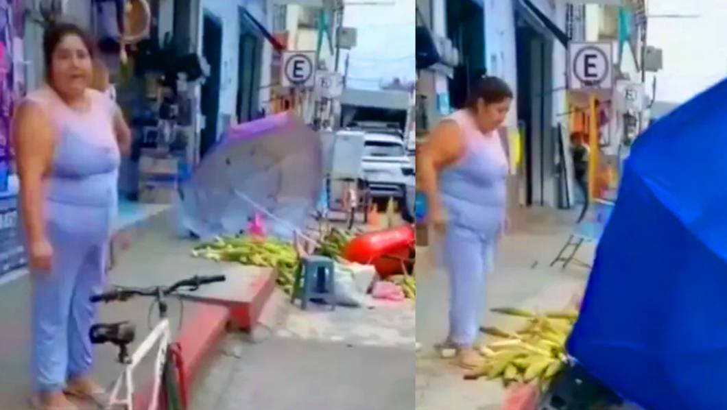 Mujer destruye el puesto de un vendedor de elotes