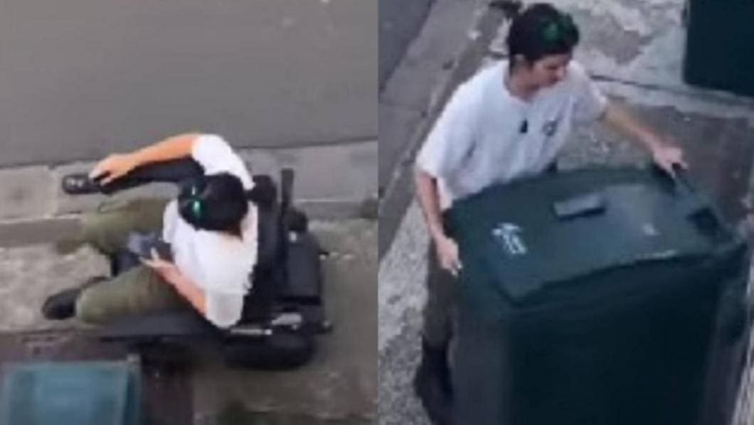 VIDEO: Joven fingiendo discapacidad se levanta de silla de ruedas para mover contenedor de basura en Barcelona