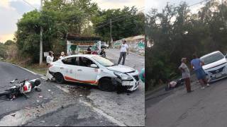 ¡Impacto frontal en Tetecala! Taxi invade carril en curva y embiste a motociclista