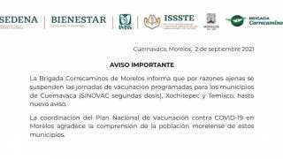Suspendida vacunación de segundas dosis en Cuernavaca, Xochi...