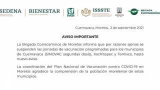 Suspendida vacunación de segundas dosis en Cuernavaca, Xochi...