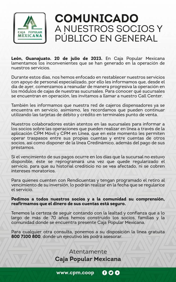 CAJA POPULAR - COMUNICADO