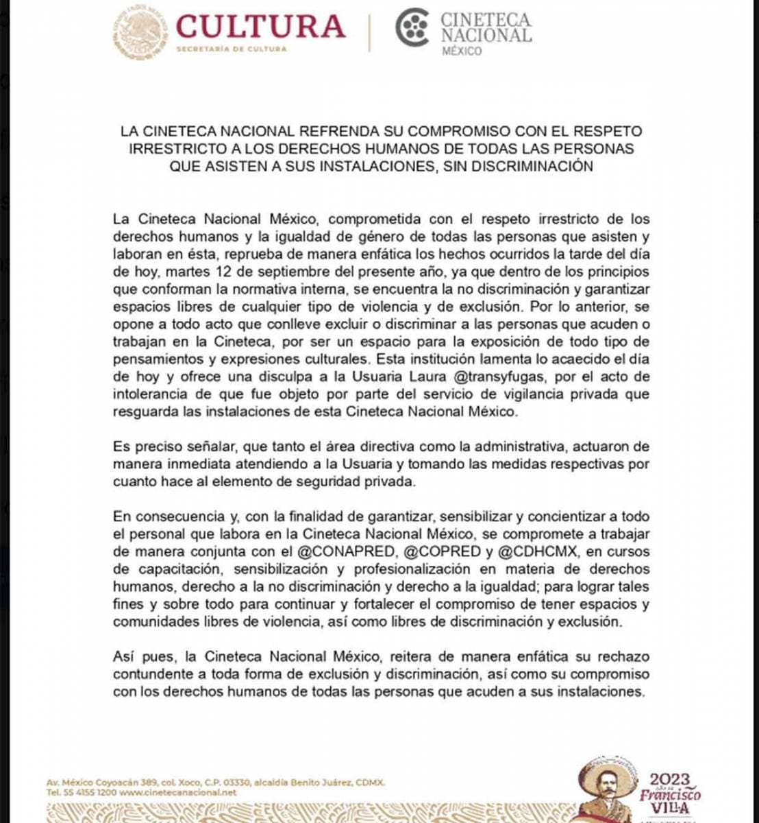 Comunicado de la Cineteca Nacional