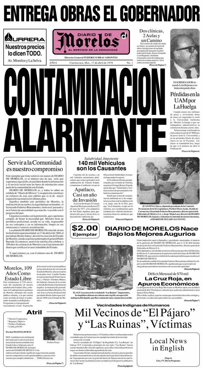 ‘Contaminación Alarmante’ fue el encabezado de la nota principal de la primera edición. Hace 43 años, la Subdirección de Tránsito estatal, a cargo de Enrique Ramos Cepeda, reportaba que había una gran contaminación ocasionada por 140 mil vehículos.