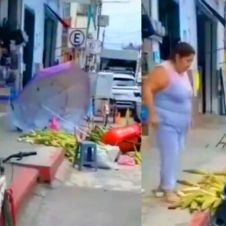  Mujer destruye el puesto de un vendedor de elotes