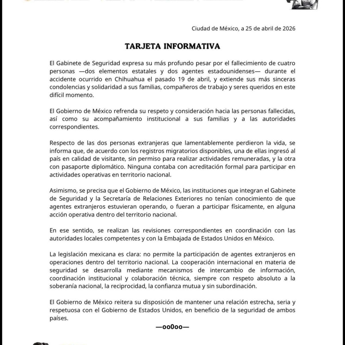 Gabinete de Seguridad comunicado sobre agentes de la CIA