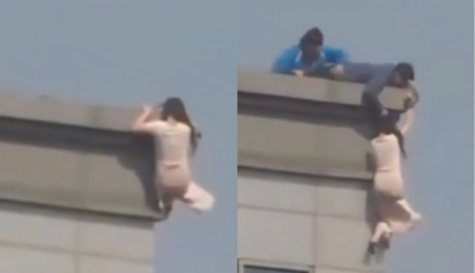Video viral: hombre salva a mujer que colgaba del piso 20